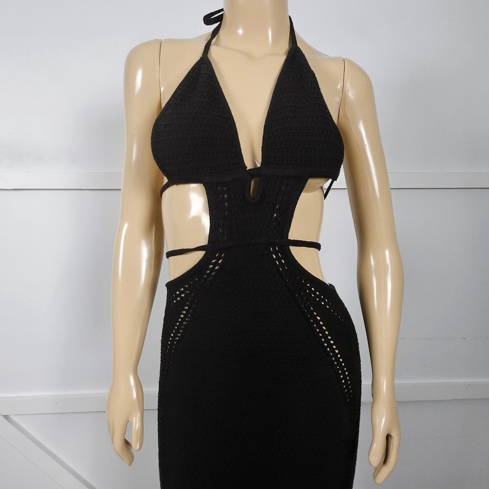 Babyboo Arabella Black Crochet Knit Halter Midi Dress Side Cutouts Women Small - Picture 8 of 11